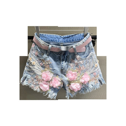 Loose Straight Denim Shorts with Embroidery Beads