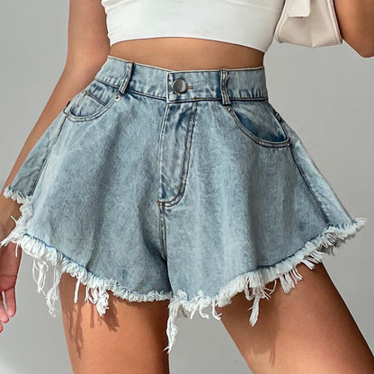 High Waist Loose-fitting Tassel Denim Shorts