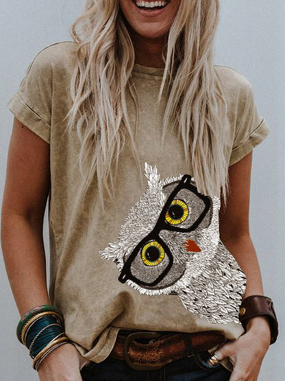 Women's Short Sleeve Owl Print T-Shirt