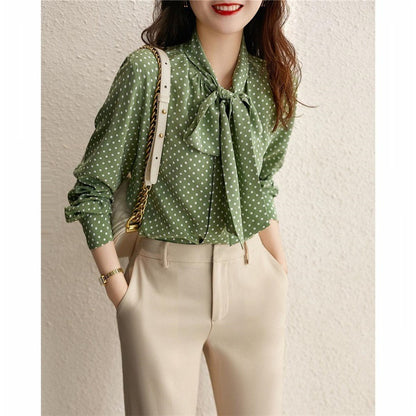 Polka Dot Chiffon Blouse with Bow Tie