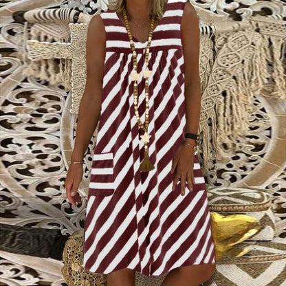 Plus-Size Striped Sleeveless Dress with Pockets