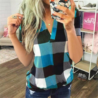 Women's Plaid Printed V-Neck Short-Sleeved Shirt