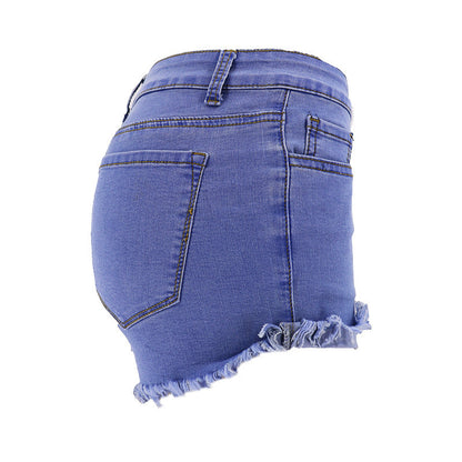 Blue High-waisted Feet Fringed Denim Shorts
