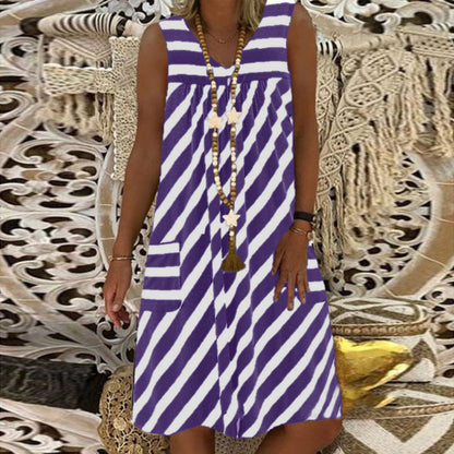 Plus-Size Striped Sleeveless Dress with Pockets