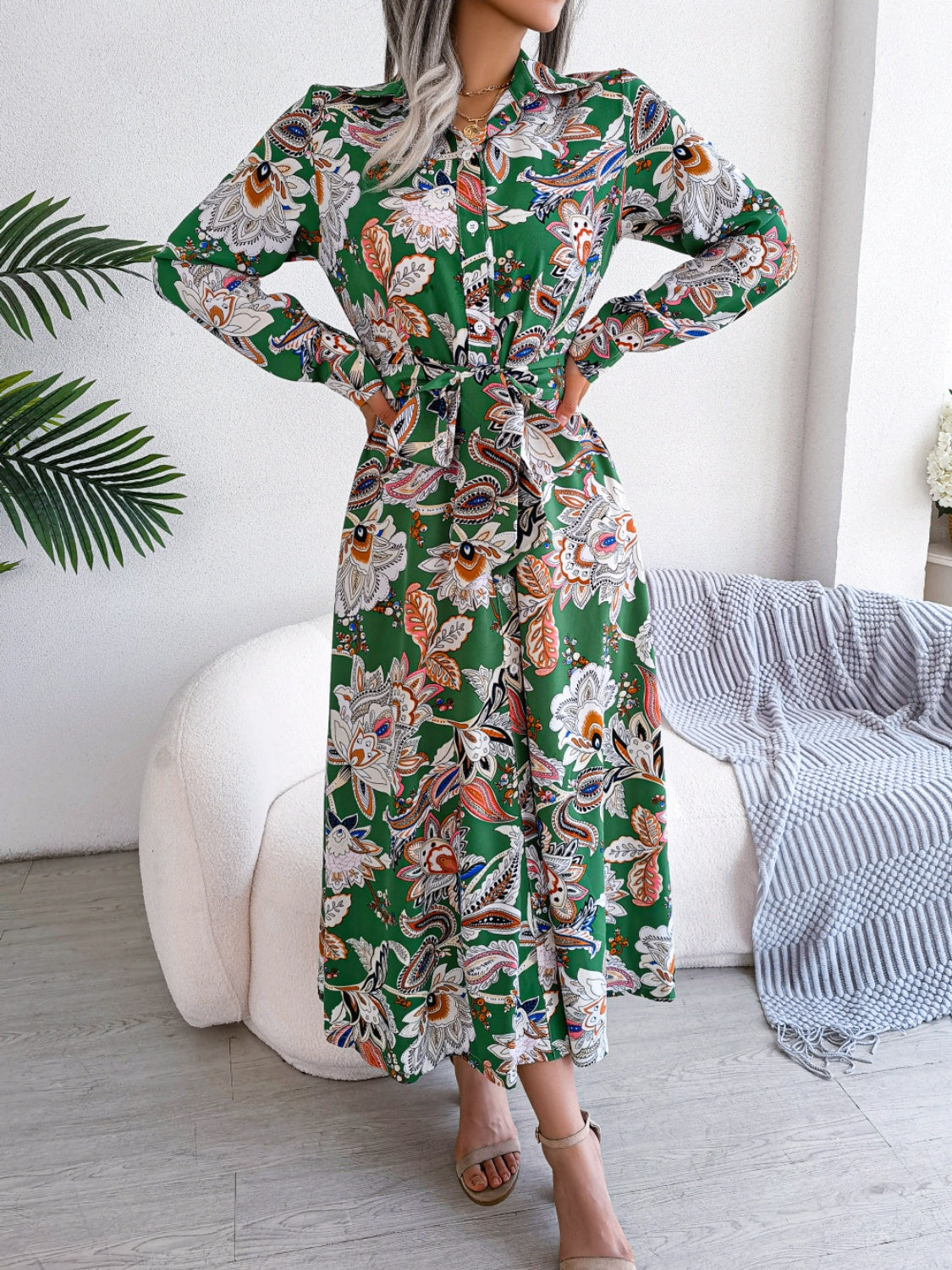 Tied Printed Long Sleeve Midi Dress