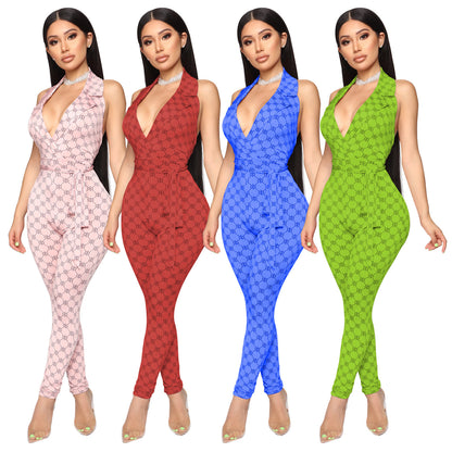 Printed sexy halter jumpsuit