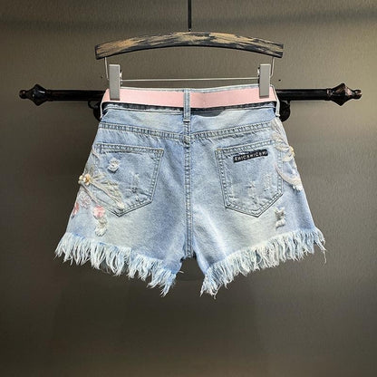 Loose Straight Denim Shorts with Embroidery Beads