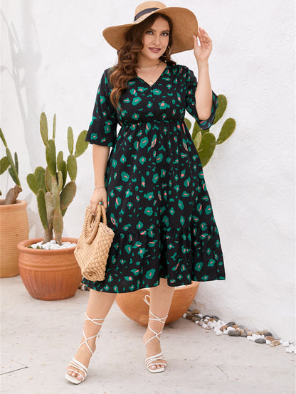 Plus-Size V-Neck Short Sleeve Ruffle Dress