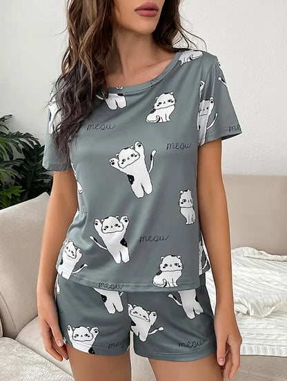 Printed Loose Short Sleeve Short Pant Set