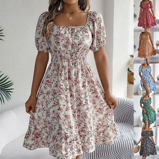 Floral Ruffle Square Neck Dress