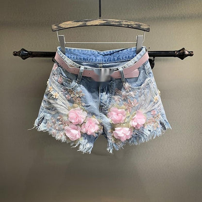 Loose Straight Denim Shorts with Embroidery Beads