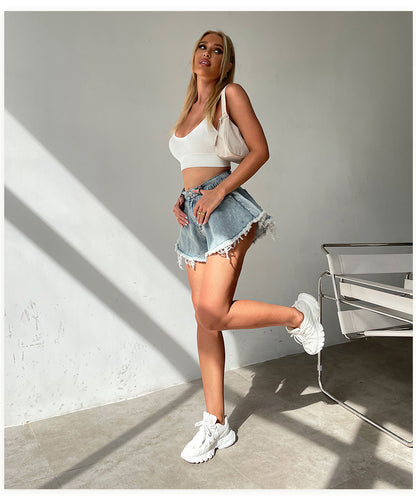 High Waist Loose-fitting Tassel Denim Shorts