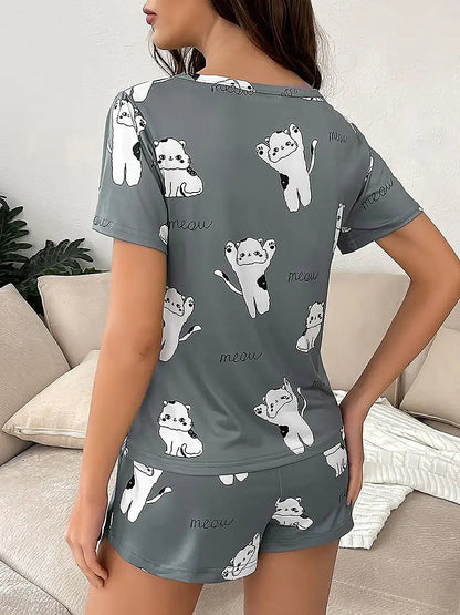 Printed Loose Short Sleeve Short Pant Set