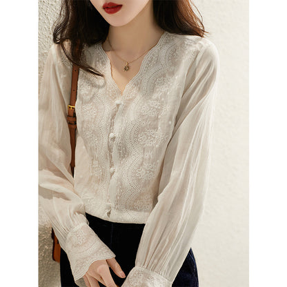 Vintage V-Neck Cotton & Linen Blouse – Versatile Layered Style
