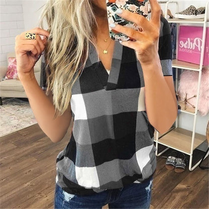 Women's Plaid Printed V-Neck Short-Sleeved Shirt