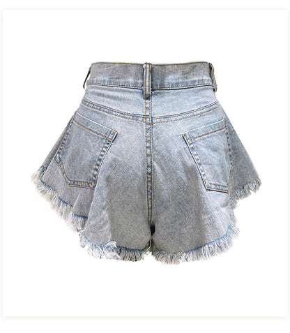 High Waist Loose-fitting Tassel Denim Shorts