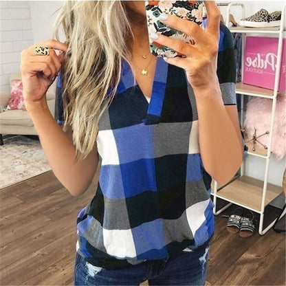 Women's Plaid Printed V-Neck Short-Sleeved Shirt