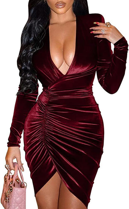 Sexy Ruched Bodycon Wrap Cocktail Mini Dress
