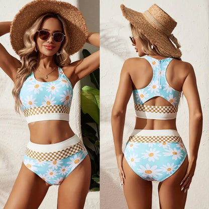 Printed Zipper Split Bikini Swimsuit