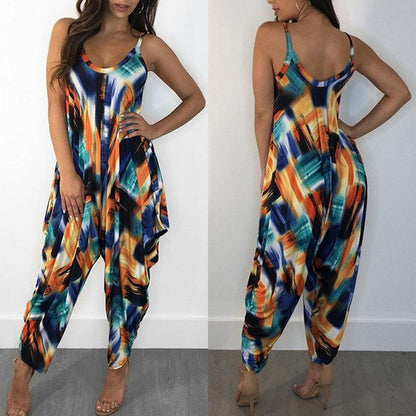 Printed Loose Suspenders Jumpsuit