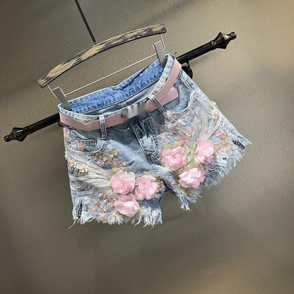 Loose Straight Denim Shorts with Embroidery Beads