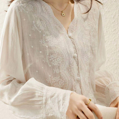 Vintage V-Neck Cotton & Linen Blouse – Versatile Layered Style