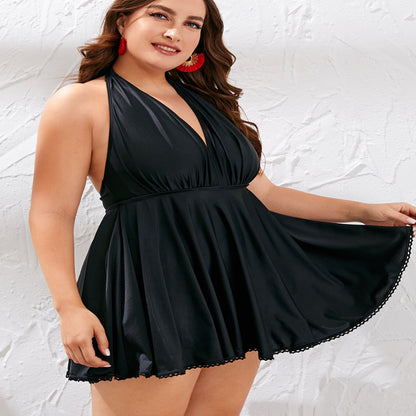 Plus Size Solid Color Skirted Swimsuit