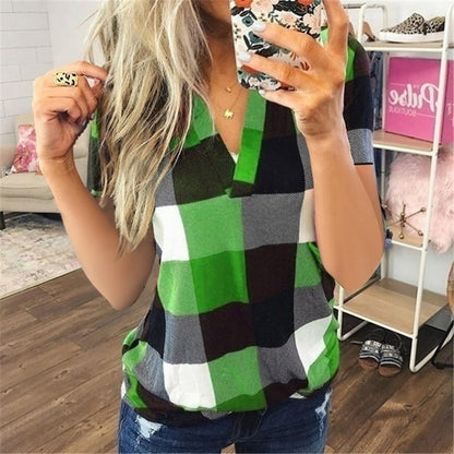 Women's Plaid Printed V-Neck Short-Sleeved Shirt