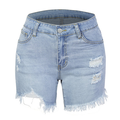 Fashion Ripped Fringed High Stretch Denim Shorts