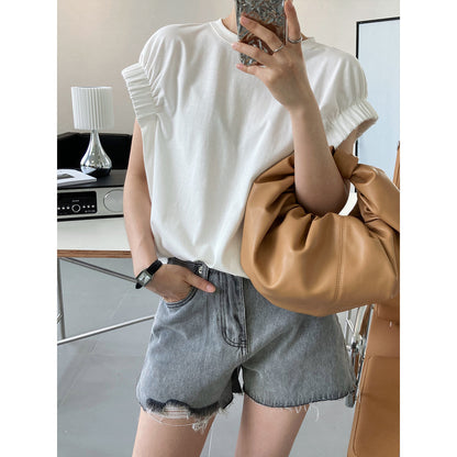 Chic Pleated T-Shirt with Skimpy Sleeves