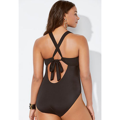 Plus Size Women's V-Neck Solid Color One-Piece Swimsuit