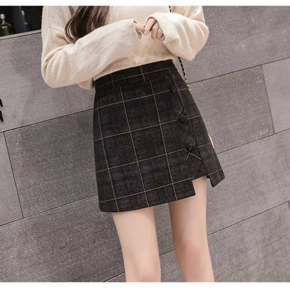 Irregular Plaid Woolen Short Skirt