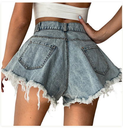 High Waist Loose-fitting Tassel Denim Shorts