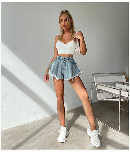 High Waist Loose-fitting Tassel Denim Shorts