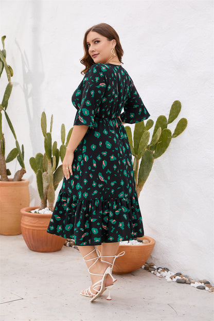 Plus-Size V-Neck Short Sleeve Ruffle Dress