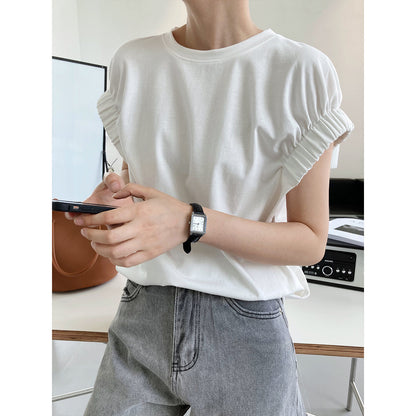 Chic Pleated T-Shirt with Skimpy Sleeves