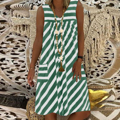 Plus-Size Striped Sleeveless Dress with Pockets